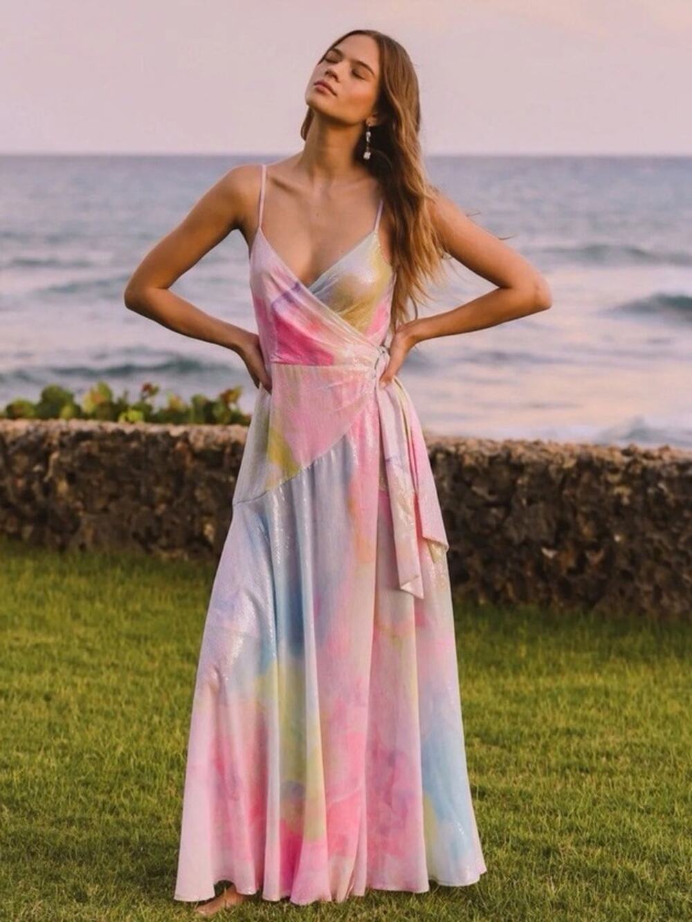 Hutch Alden Sequin Wrap Maxi Dress in Rainbow Women's XS